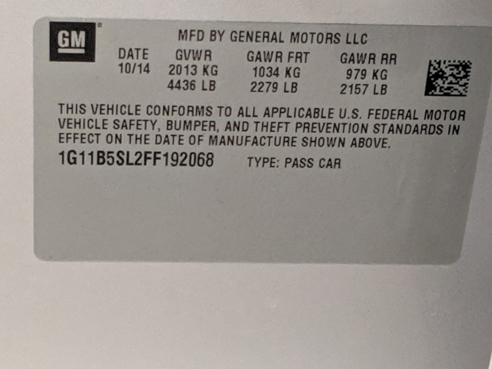 2015 Chevrolet Malibu - VIN Plate