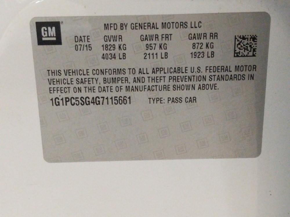 2016 Chevrolet Cruze - VIN Plate