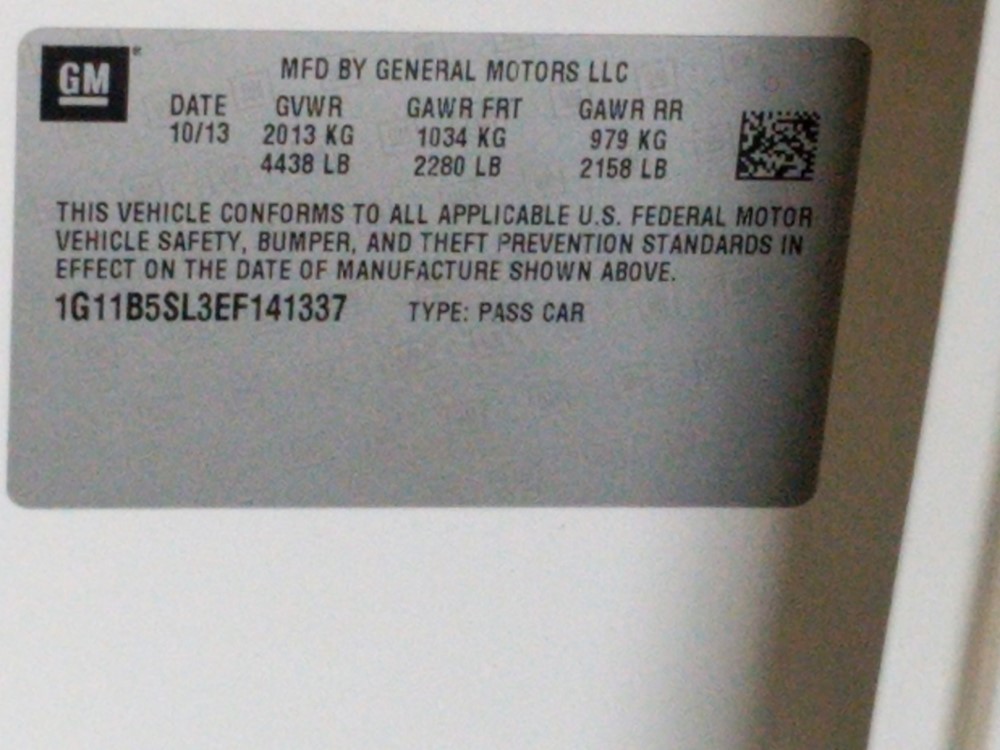 2014 Chevrolet Malibu - VIN Plate