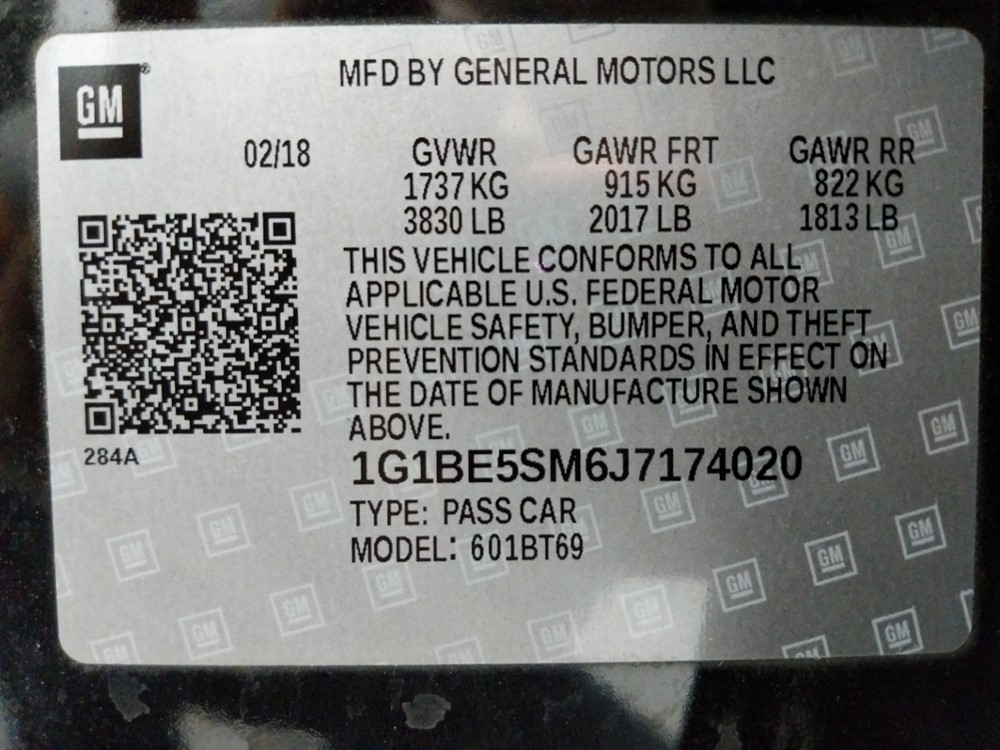 2018 Chevrolet Cruze - VIN Plate