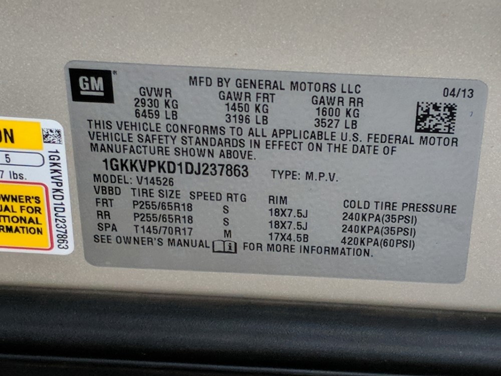 2013 GMC Acadia - VIN Plate
