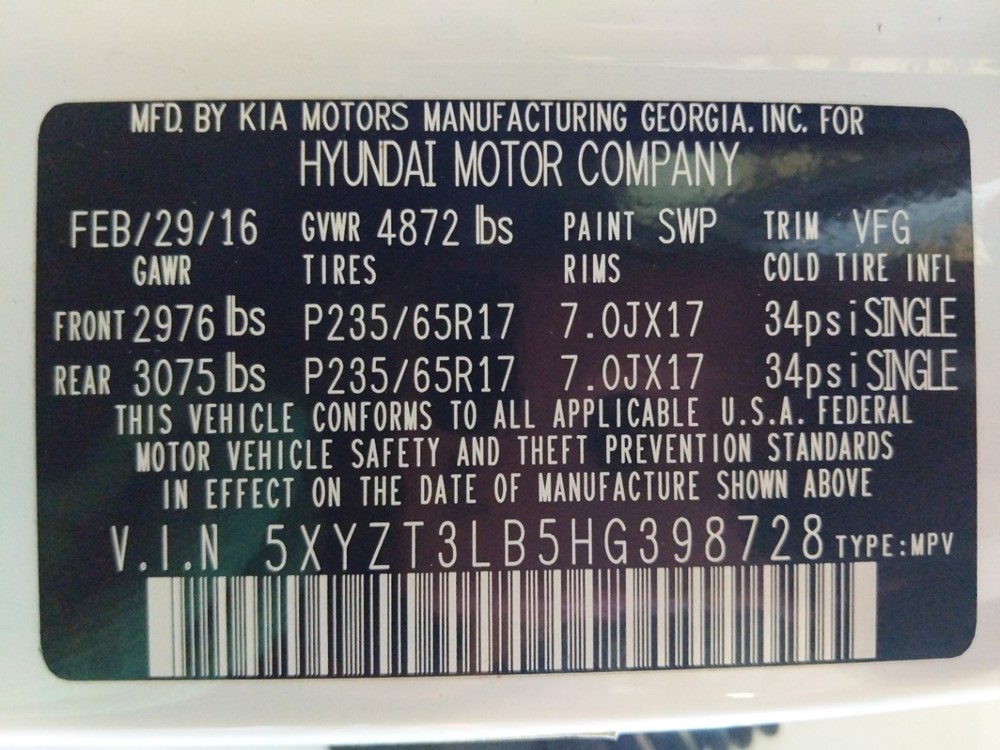 2017 Hyundai Santa Fe - VIN Plate