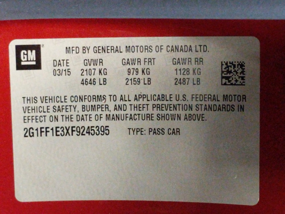 2015 Chevrolet Camaro - VIN Plate