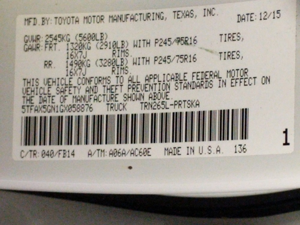 2016 Toyota Tacoma - VIN Plate