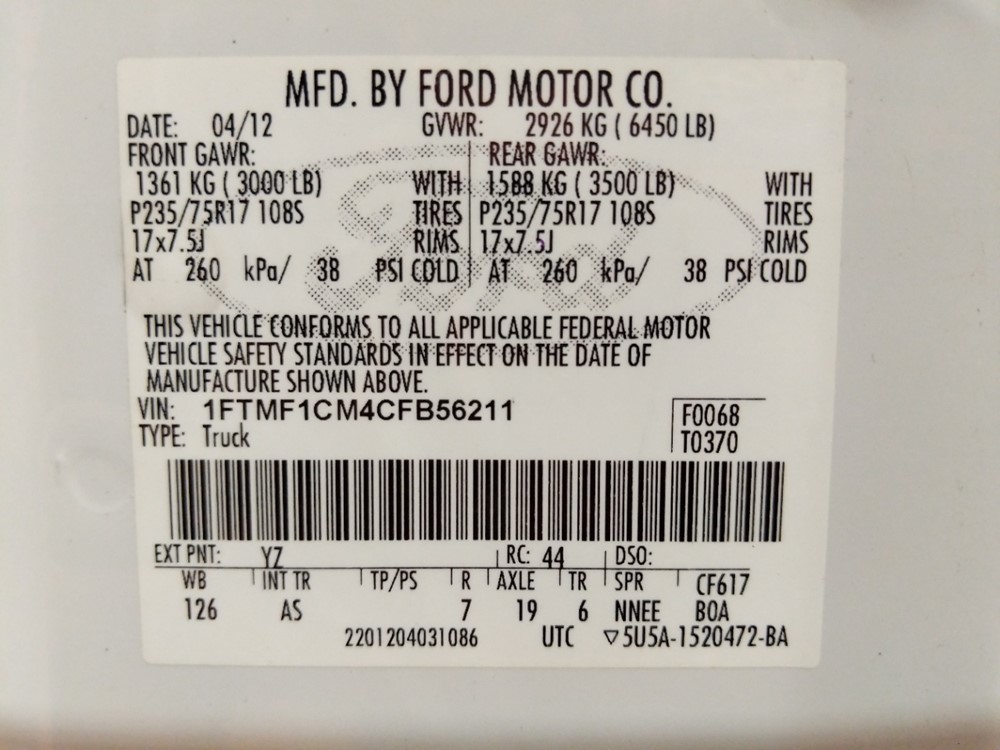 2012 Ford F-150 - VIN Plate