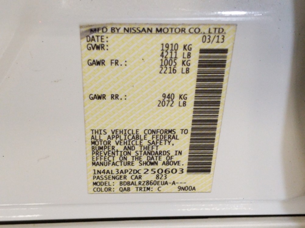 2013 Nissan Altima - VIN Plate