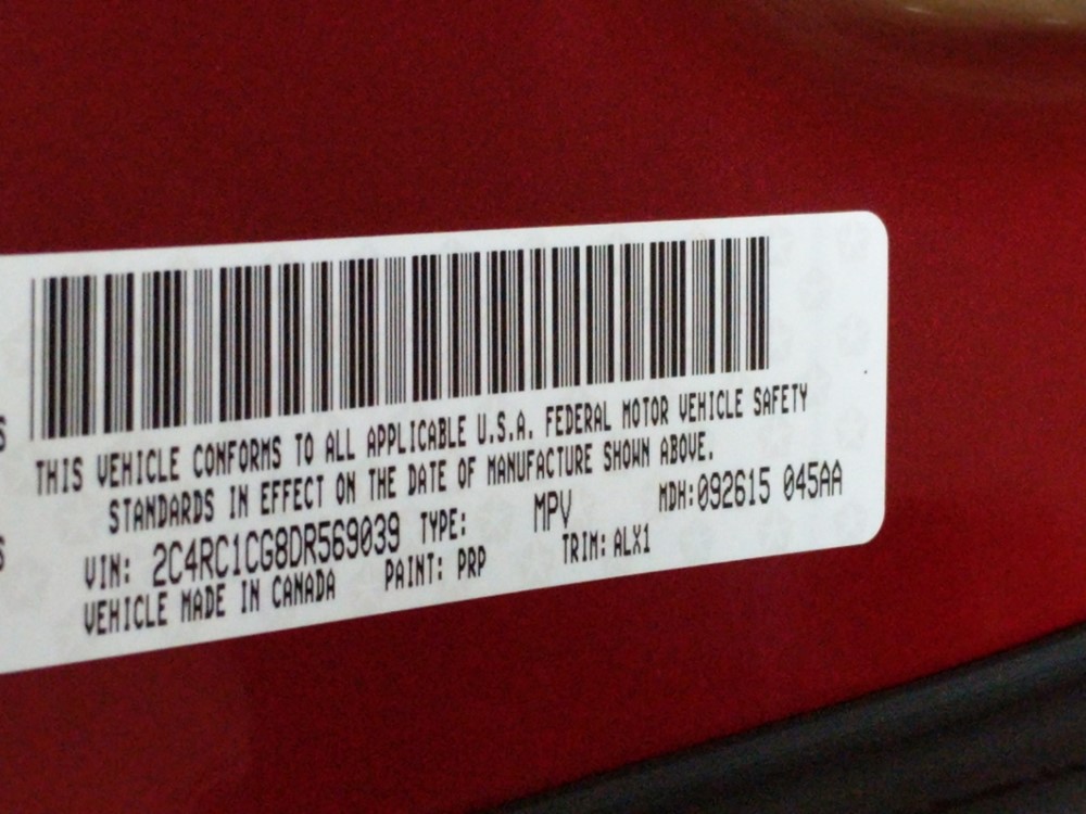 2013 Chrysler Town and Country - VIN Plate