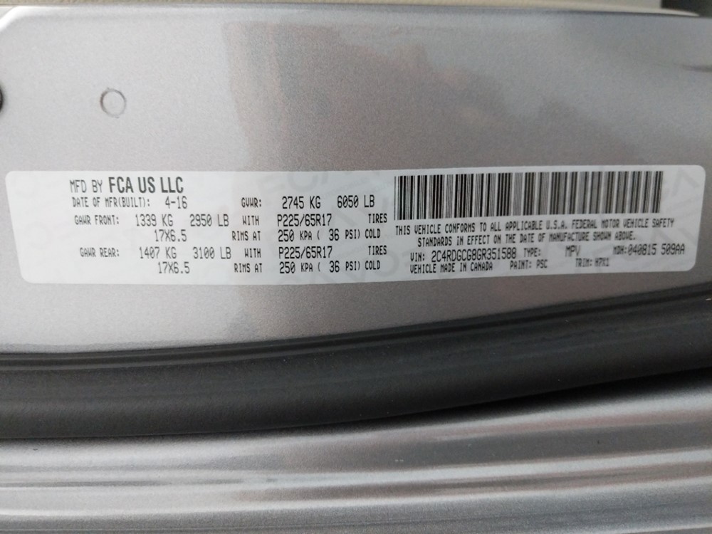 2016 Dodge Grand Caravan - VIN Plate