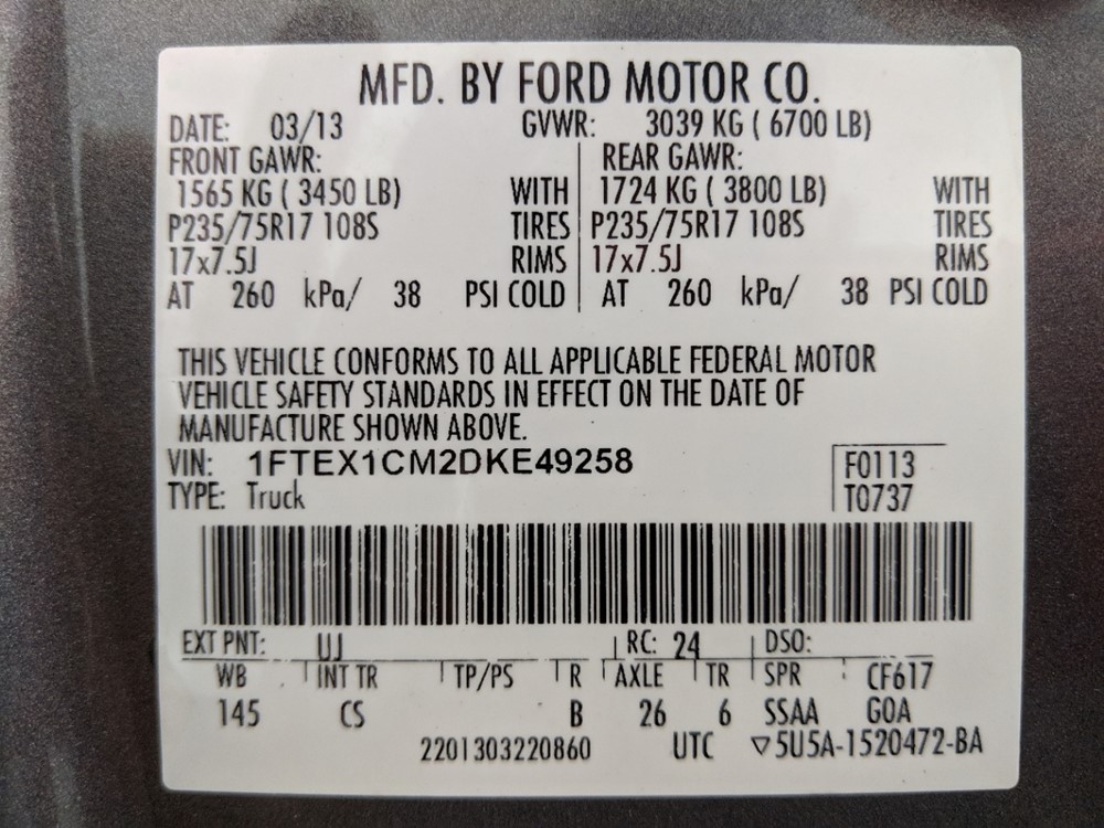 2013 Ford F-150 - VIN Plate