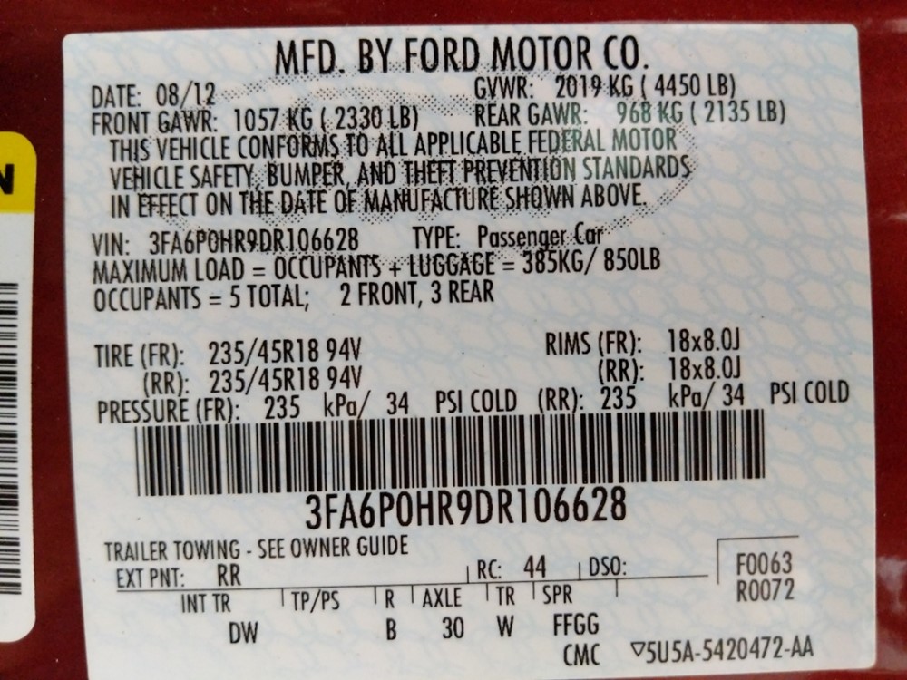 2013 Ford Fusion - VIN Plate