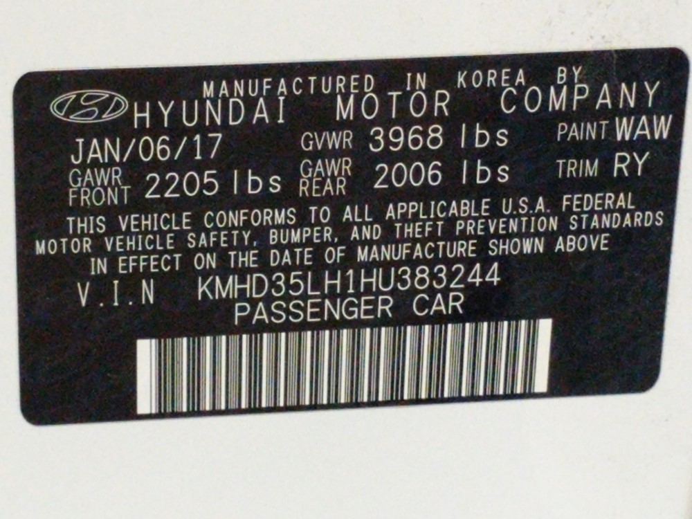 2017 Hyundai Elantra - VIN Plate