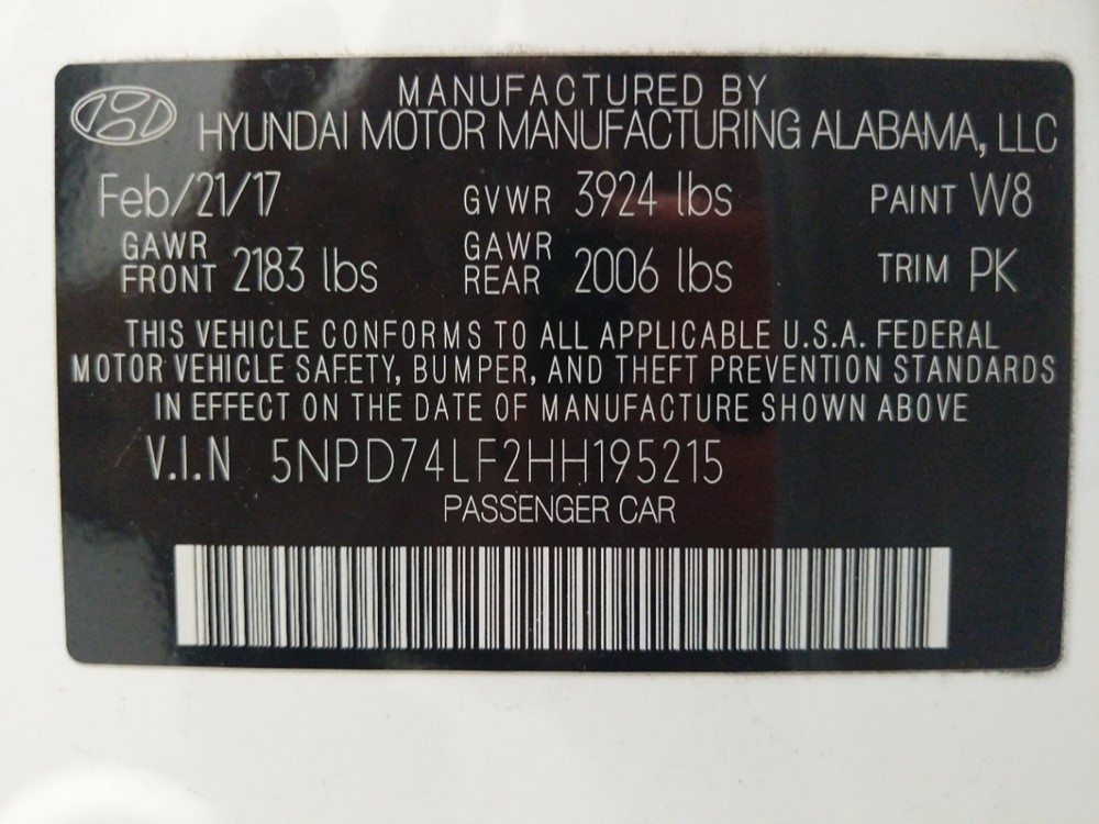 2017 Hyundai Elantra - VIN Plate