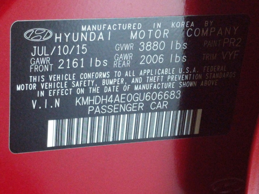2016 Hyundai Elantra - VIN Plate