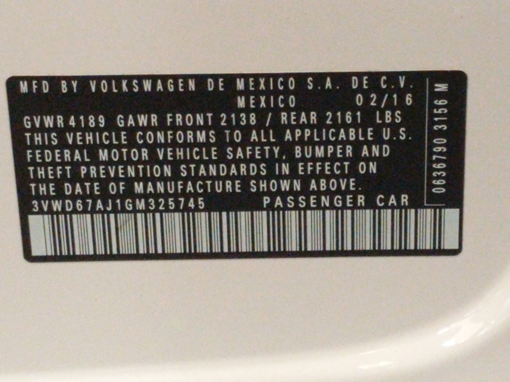 2016 Volkswagen Jetta - VIN Plate
