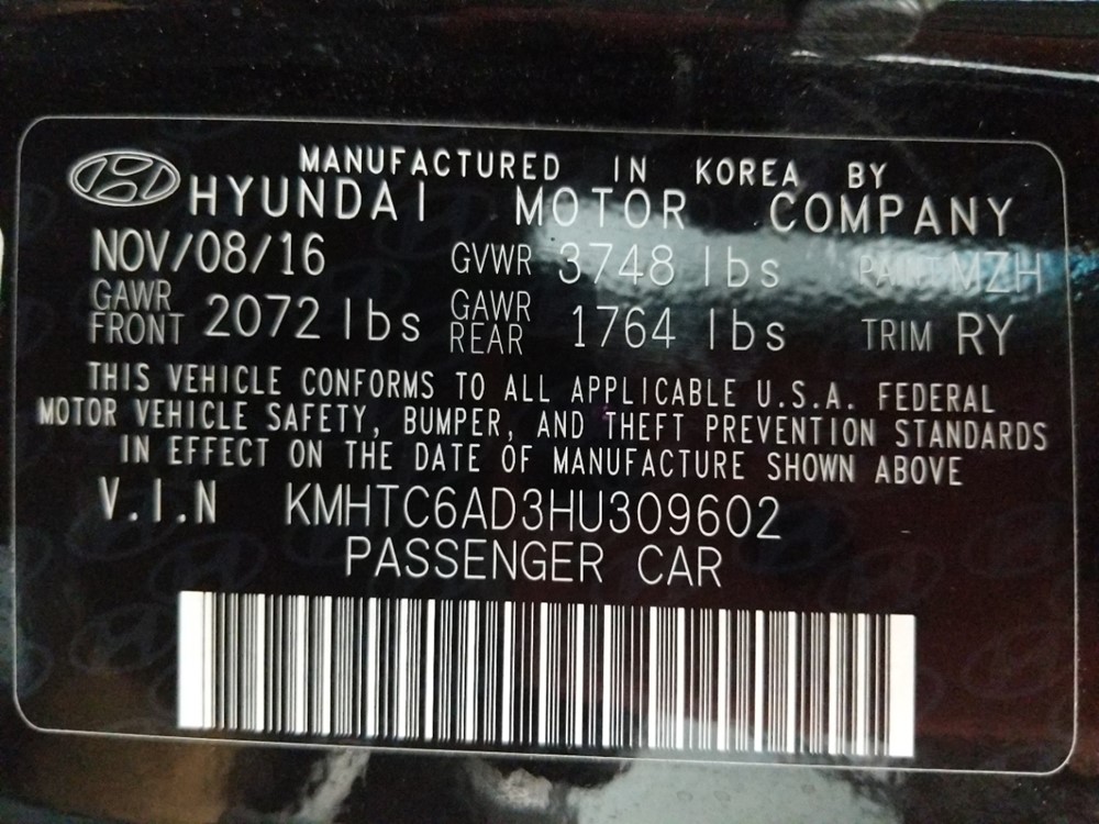 2017 Hyundai Veloster - VIN Plate