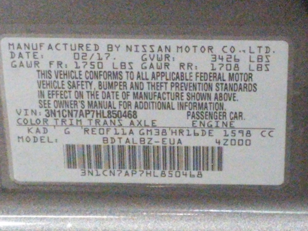 2017 Nissan Versa - VIN Plate