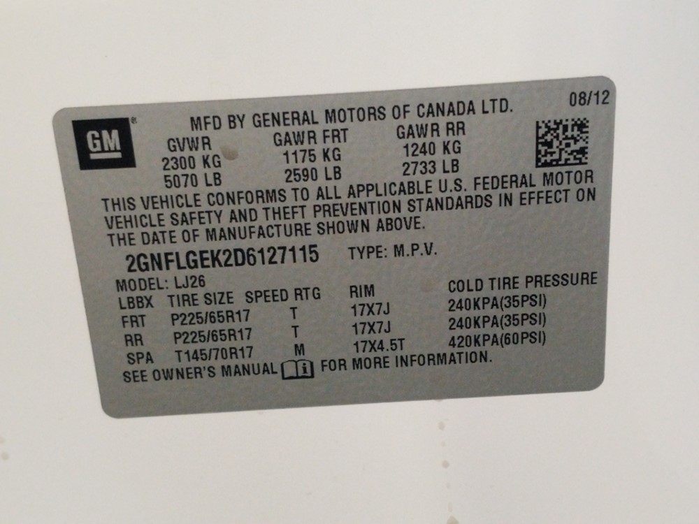 2013 Chevrolet Equinox - VIN Plate