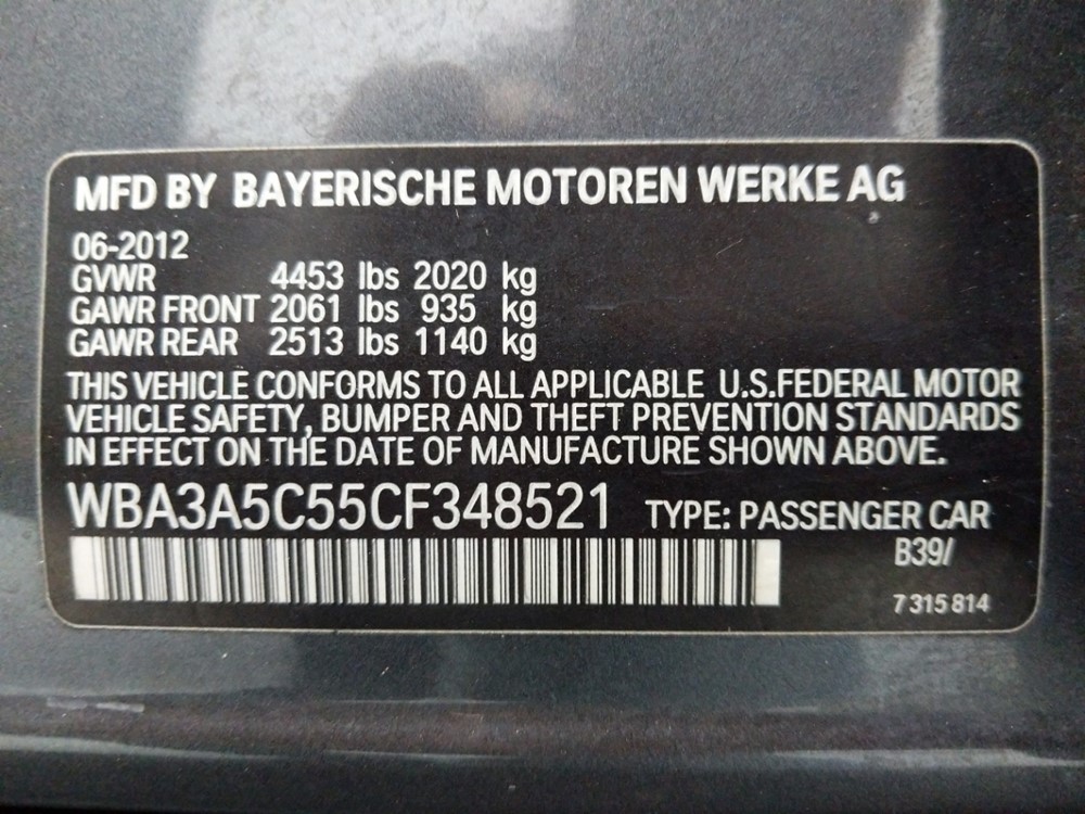 2012 BMW 328i - VIN Plate
