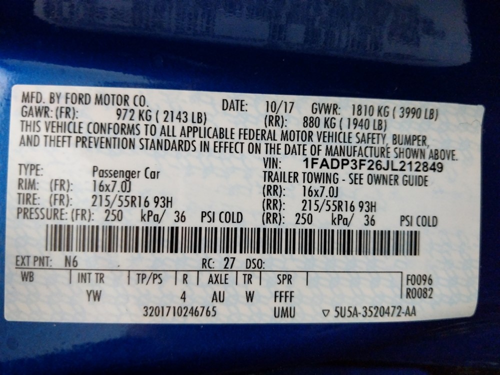 2018 Ford Focus - VIN Plate