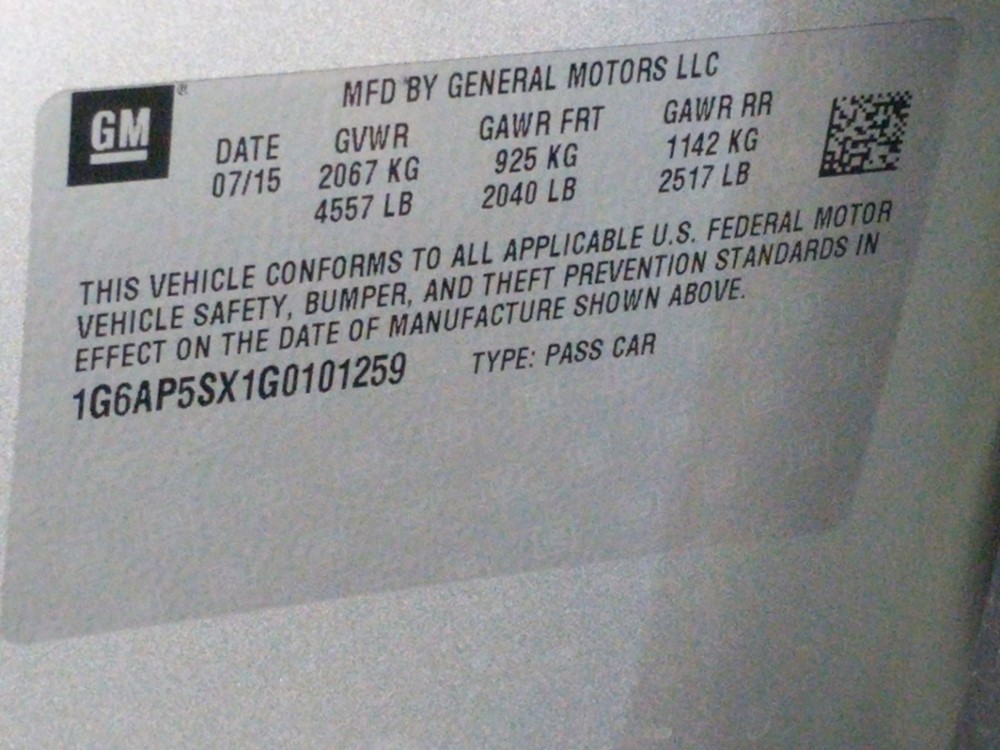 2016 Cadillac CTS - VIN Plate
