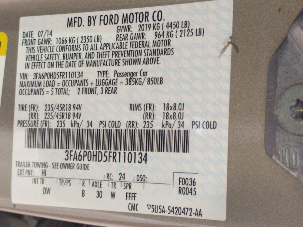 2015 Ford Fusion - VIN Plate