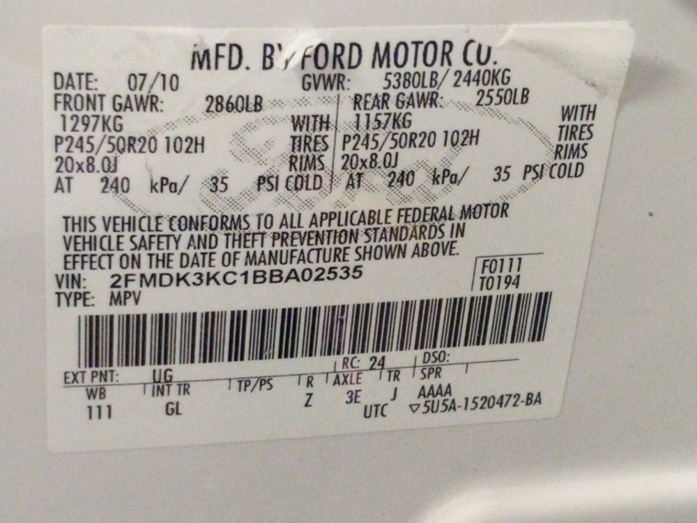 2011 Ford Edge - VIN Plate
