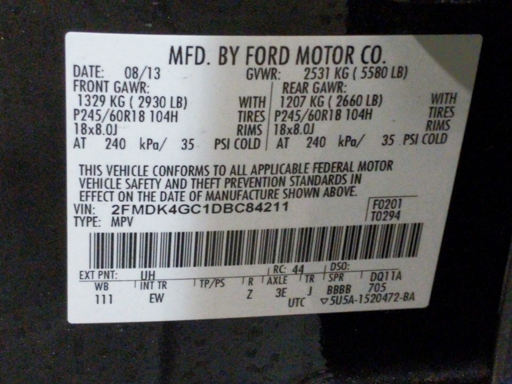 2013 Ford Edge - VIN Plate