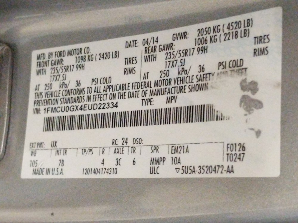2014 Ford Escape - VIN Plate