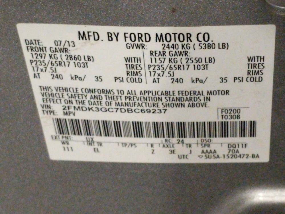 2013 Ford Edge - VIN Plate
