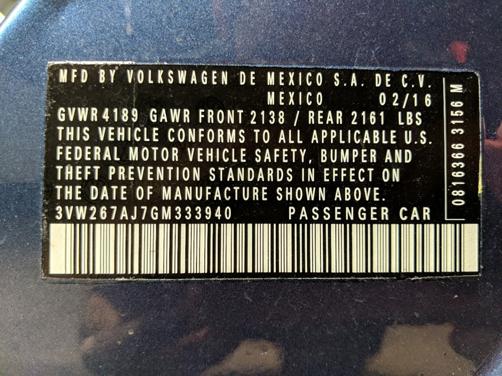 2016 Volkswagen Jetta - VIN Plate