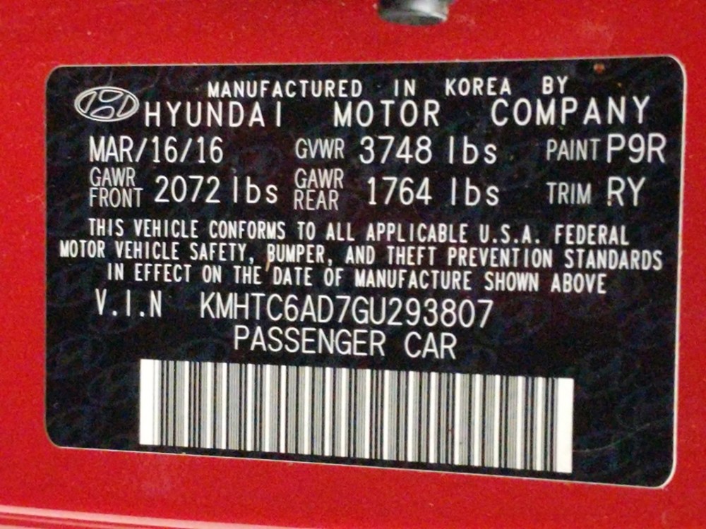 2016 Hyundai Veloster - VIN Plate
