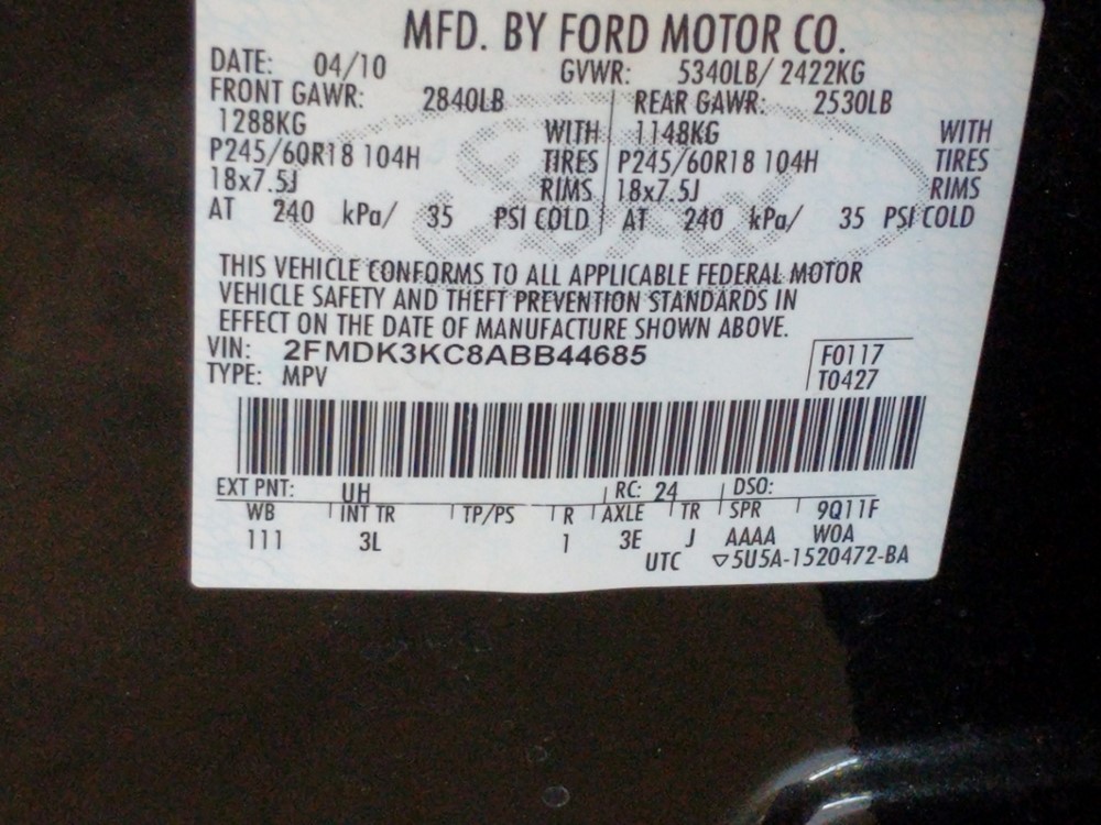 2010 Ford Edge - VIN Plate