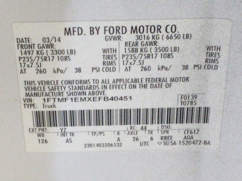 2014 Ford F-150 - VIN Plate