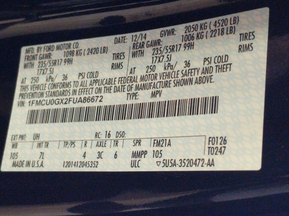 2015 Ford Escape - VIN Plate