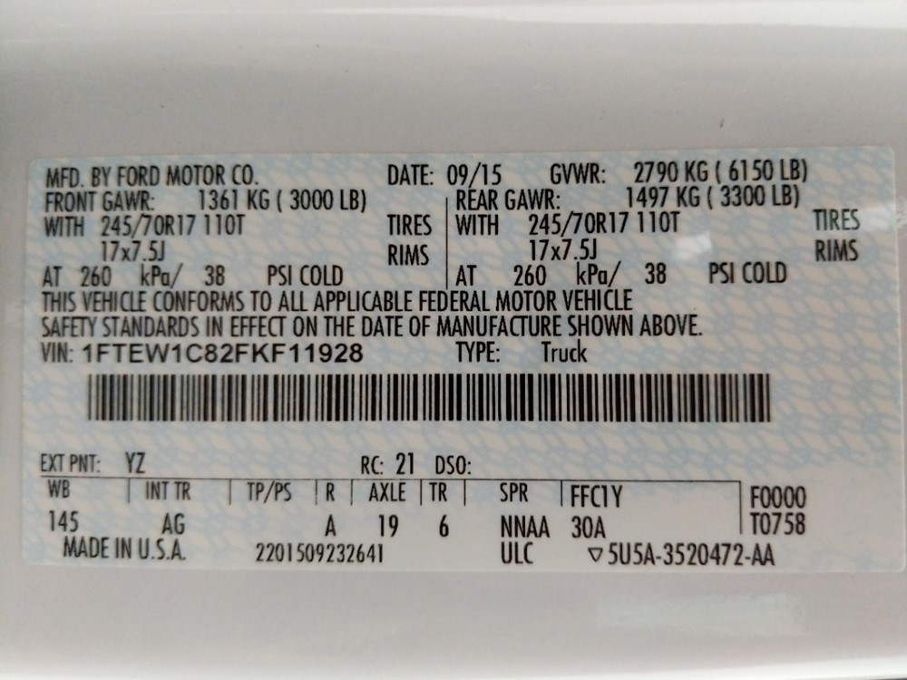 2015 Ford F-150 - VIN Plate