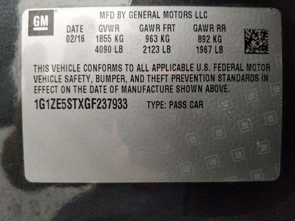 2016 Chevrolet Malibu - VIN Plate
