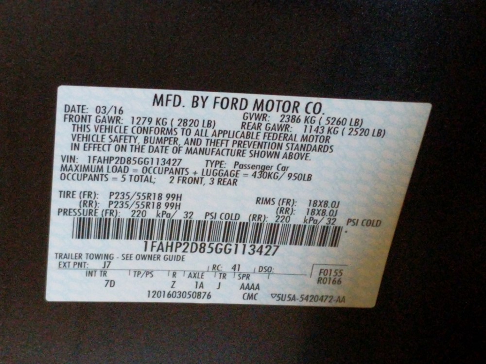 2016 Ford Taurus - VIN Plate