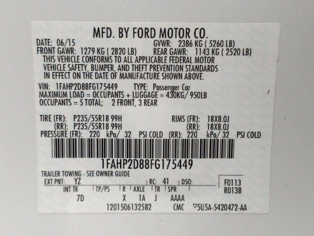 2015 Ford Taurus - VIN Plate