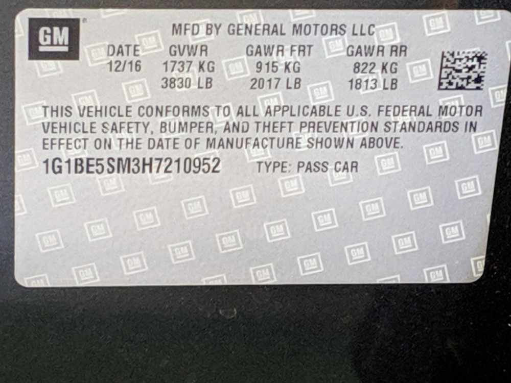 2017 Chevrolet Cruze - VIN Plate