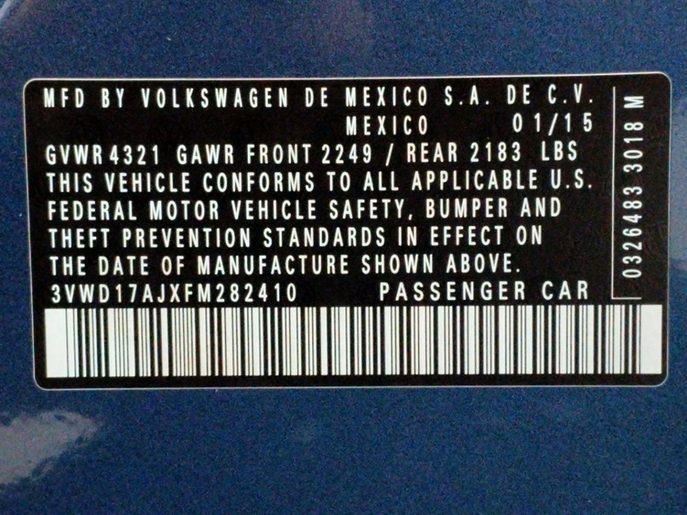 2015 Volkswagen Jetta - VIN Plate