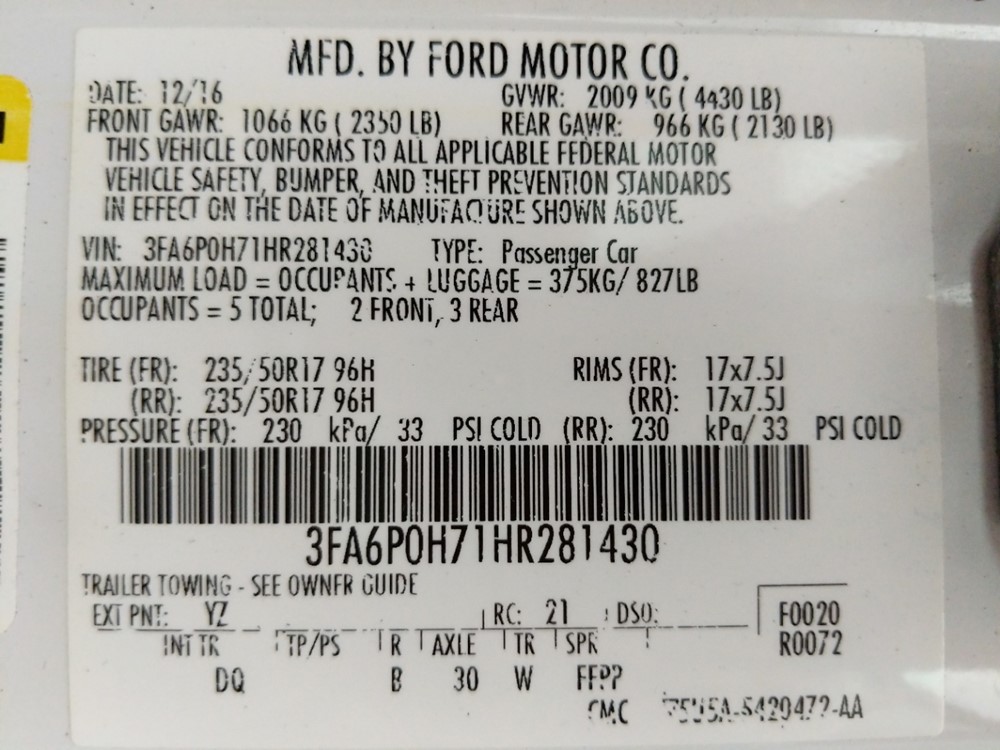 2017 Ford Fusion - VIN Plate