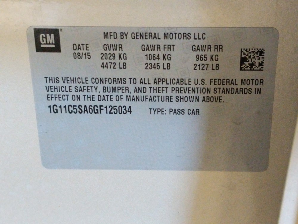 2016 Chevrolet Malibu - VIN Plate