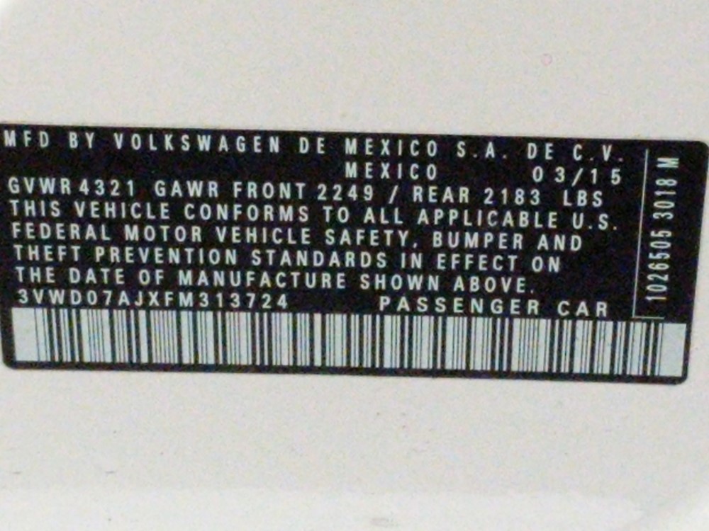 2015 Volkswagen Jetta - VIN Plate