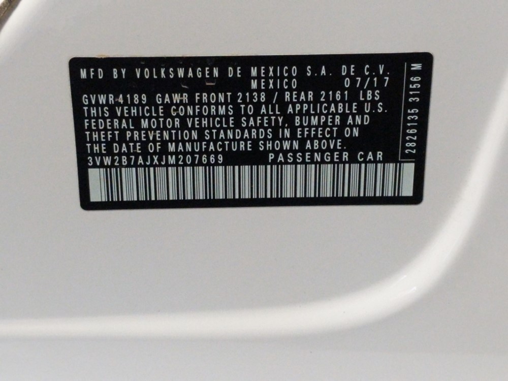 2018 Volkswagen Jetta - VIN Plate