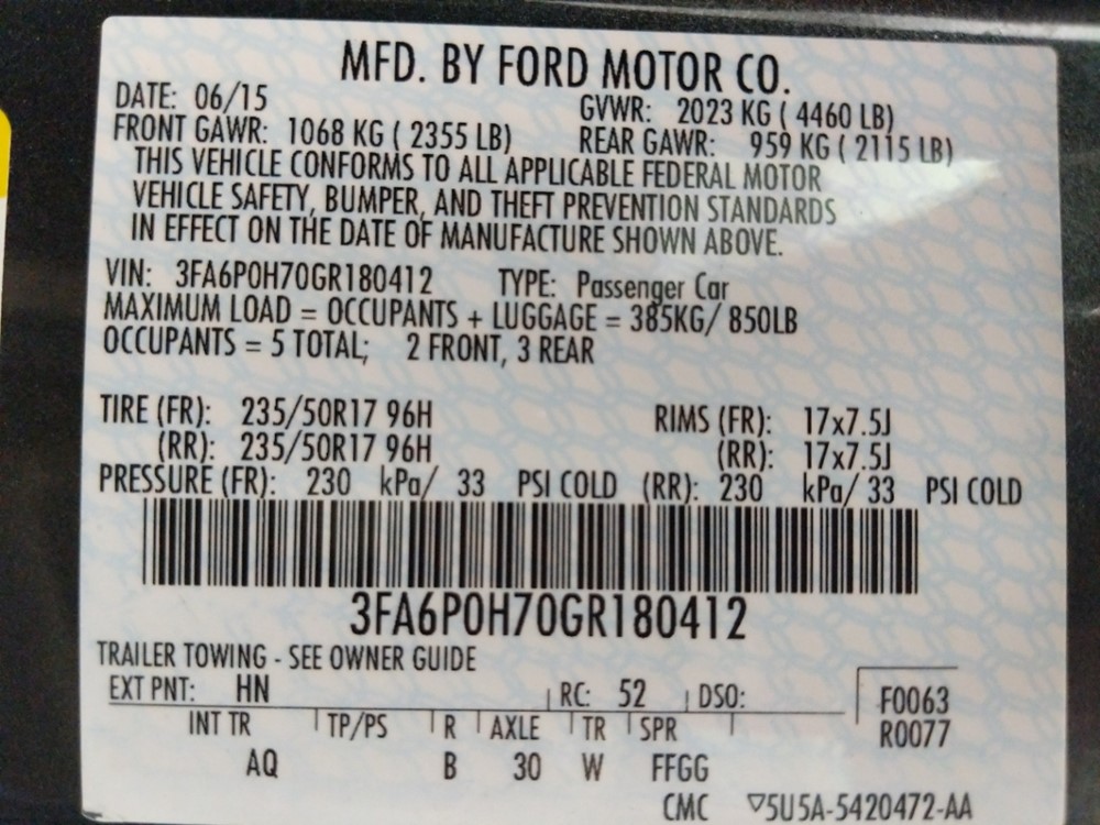2016 Ford Fusion - VIN Plate