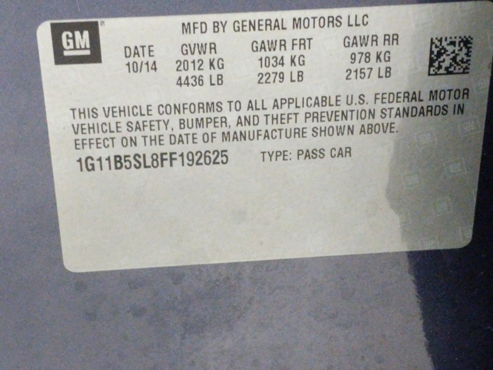 2015 Chevrolet Malibu - VIN Plate