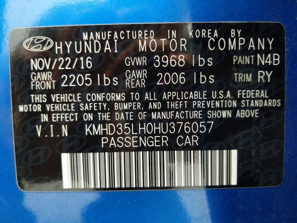2017 Hyundai Elantra - VIN Plate