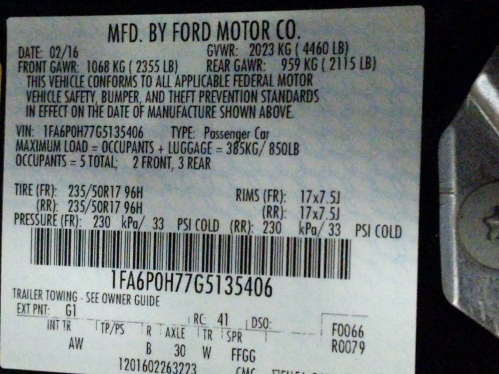 2016 Ford Fusion - VIN Plate