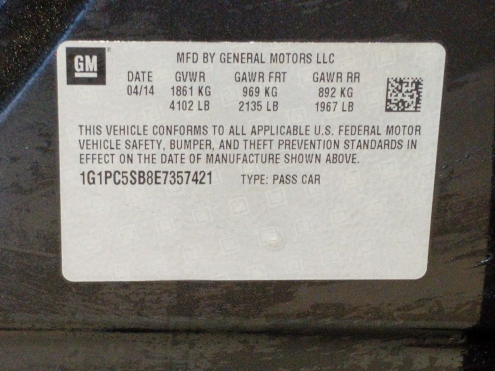 2014 Chevrolet Cruze - VIN Plate