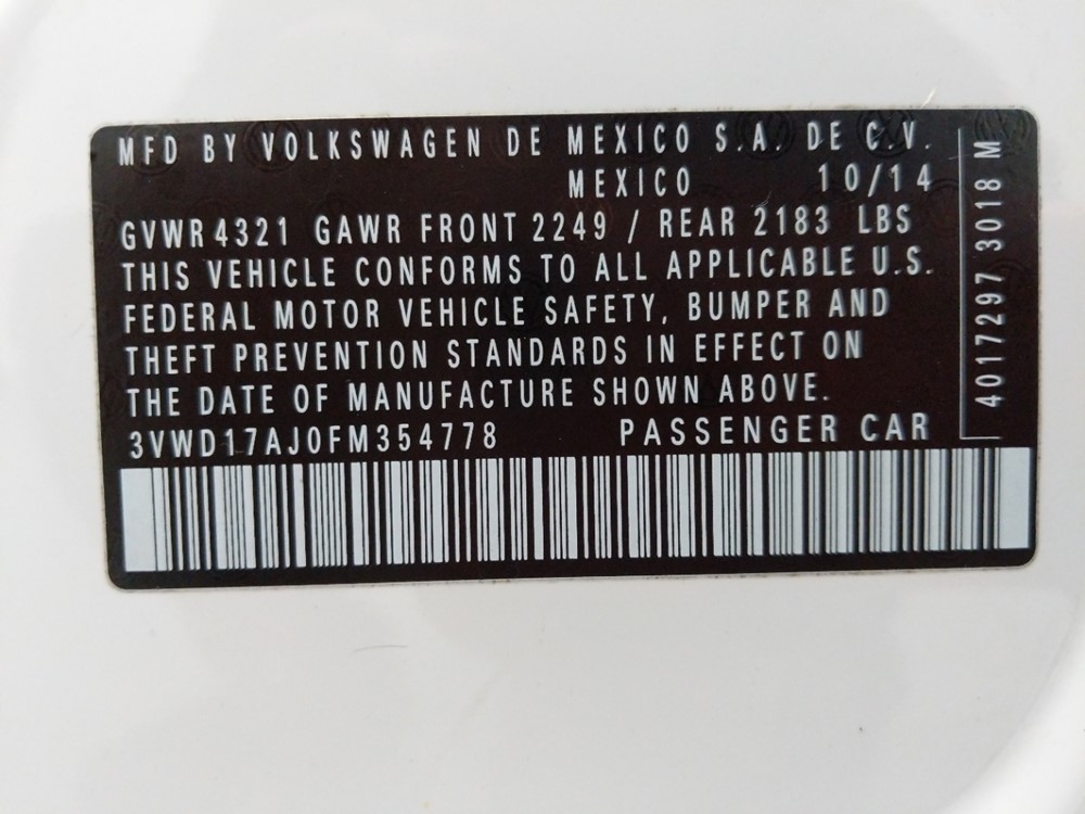 2015 Volkswagen Jetta - VIN Plate